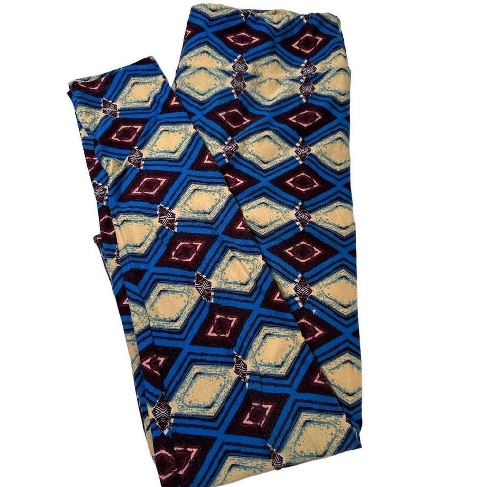 LuLaRoe Geometric Diamond Print Leggings Blue Tan Burgundy One Size OS